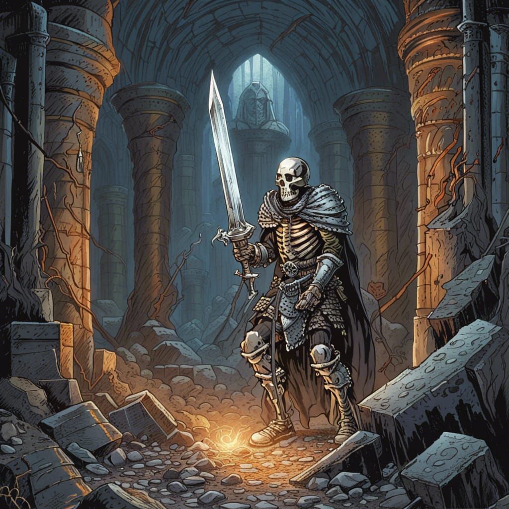 Gothic Skeleton Warrior in Dark Dungeon