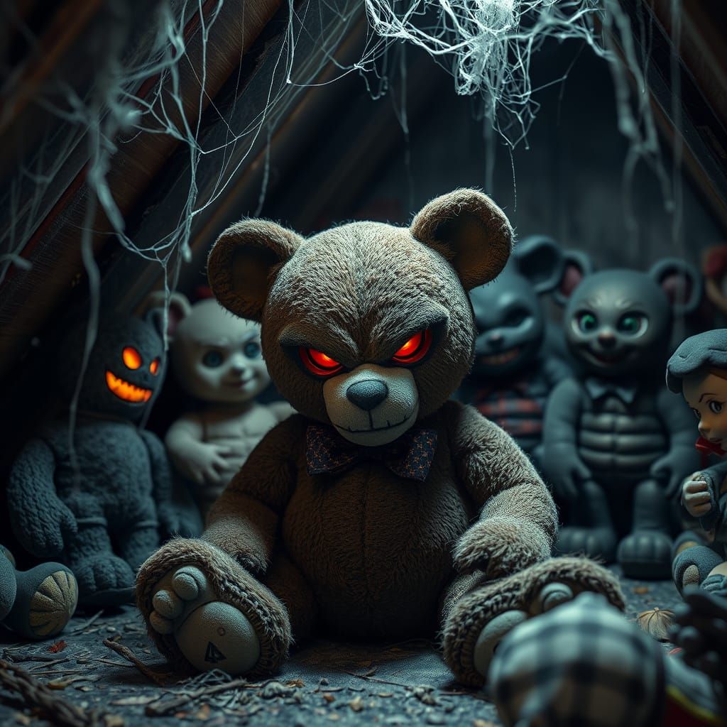 Sinister Teddy Bear with Glowing Eyes in Dusty Attic