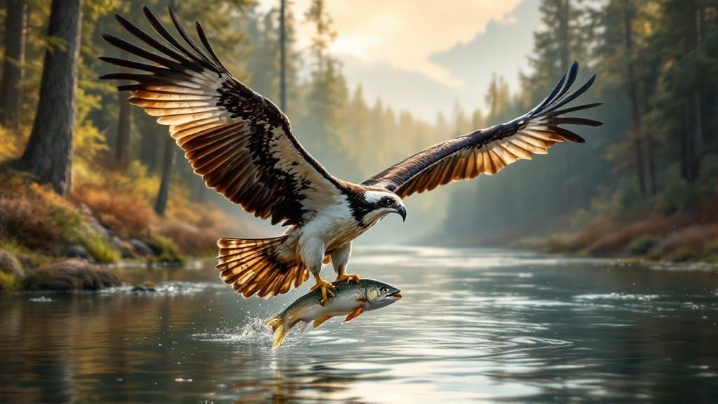 Majestic Osprey Soars Above a Serene River Landscape