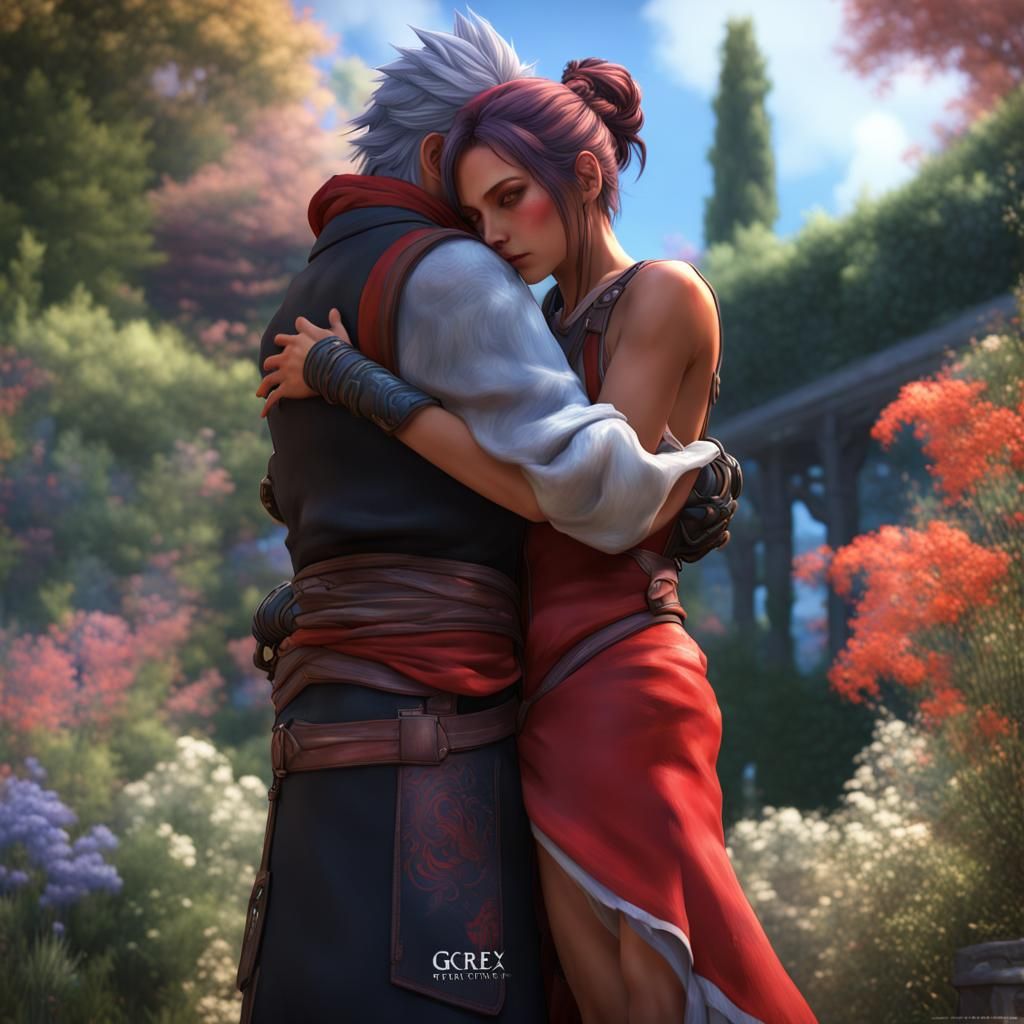 Girl Hugging Auron: Hyperdetailed Concept Art