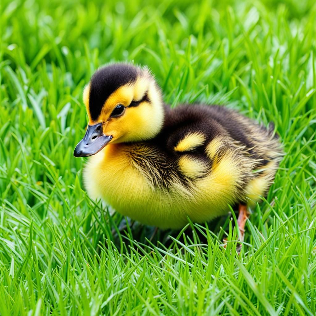 Cute Duckling on Green Grass