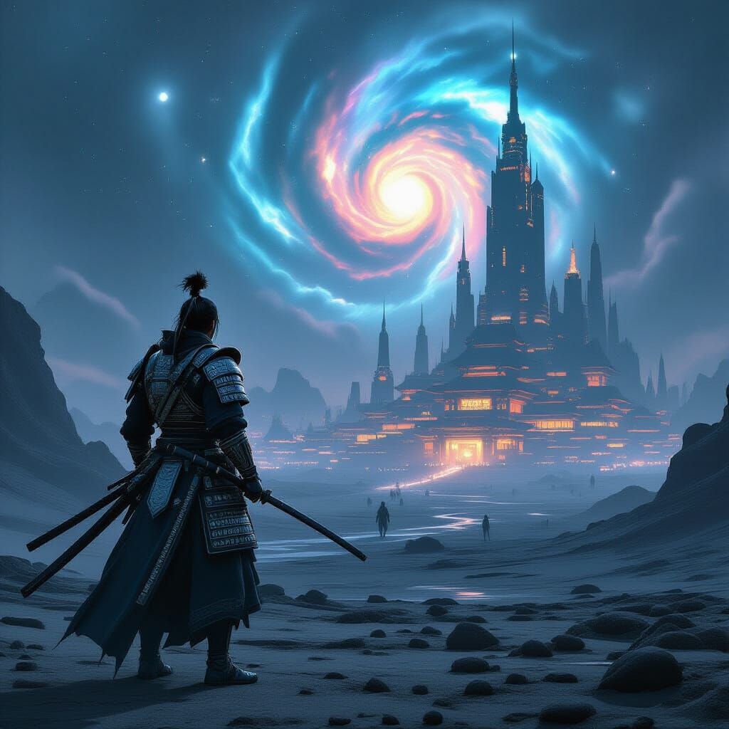 Samurai on Alien Planet with Bioluminescent Market