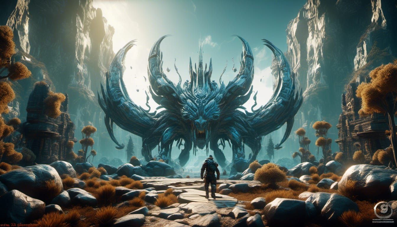 Surreal Landscape with Metallic Sky, in 3D Style