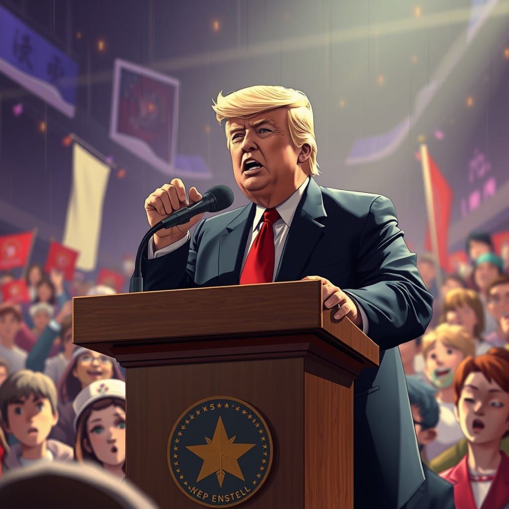 Confident Leader Shines in Vibrant Anime-Inspired Backdrop