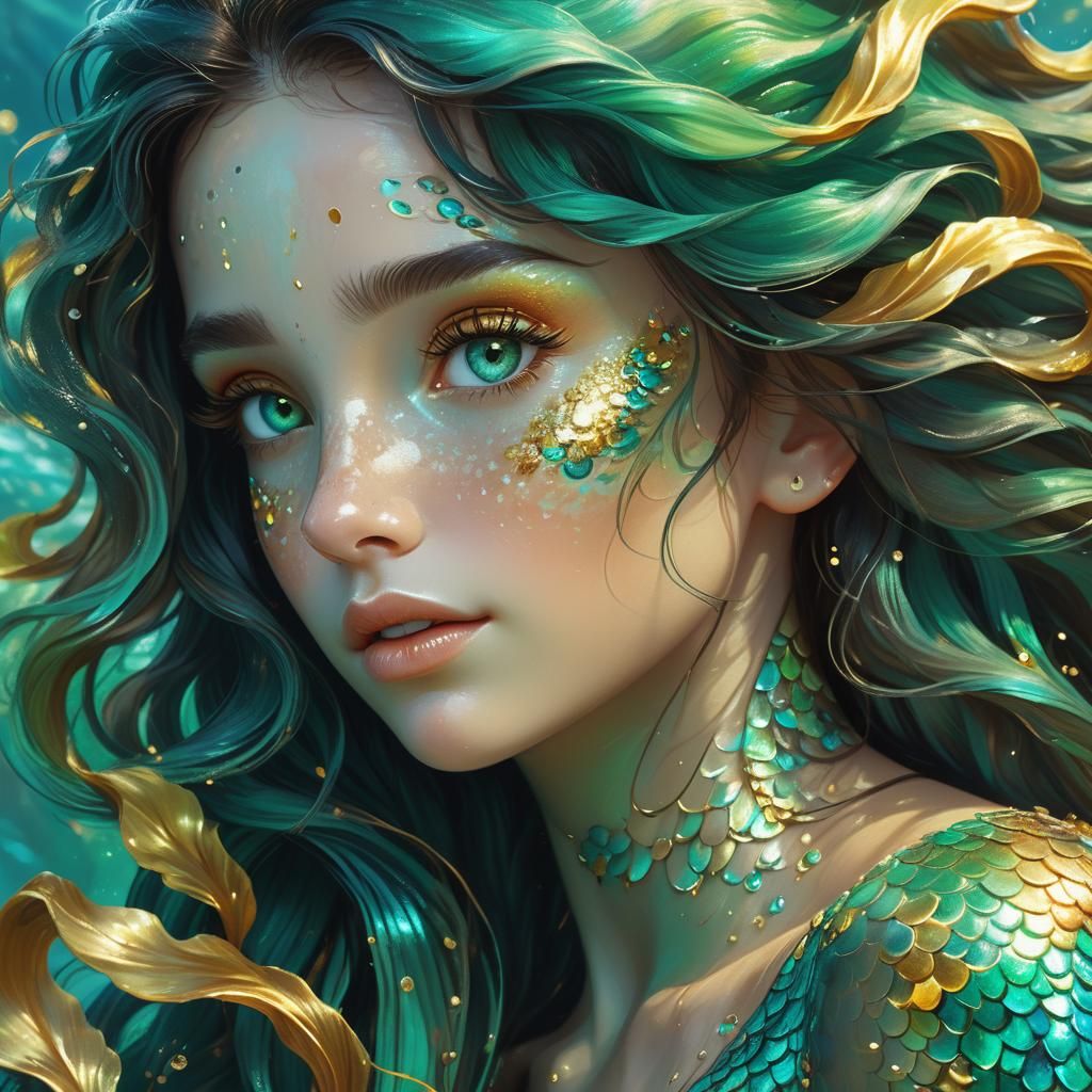 Mermaid with Gold Freckles in Fantasy Illustration