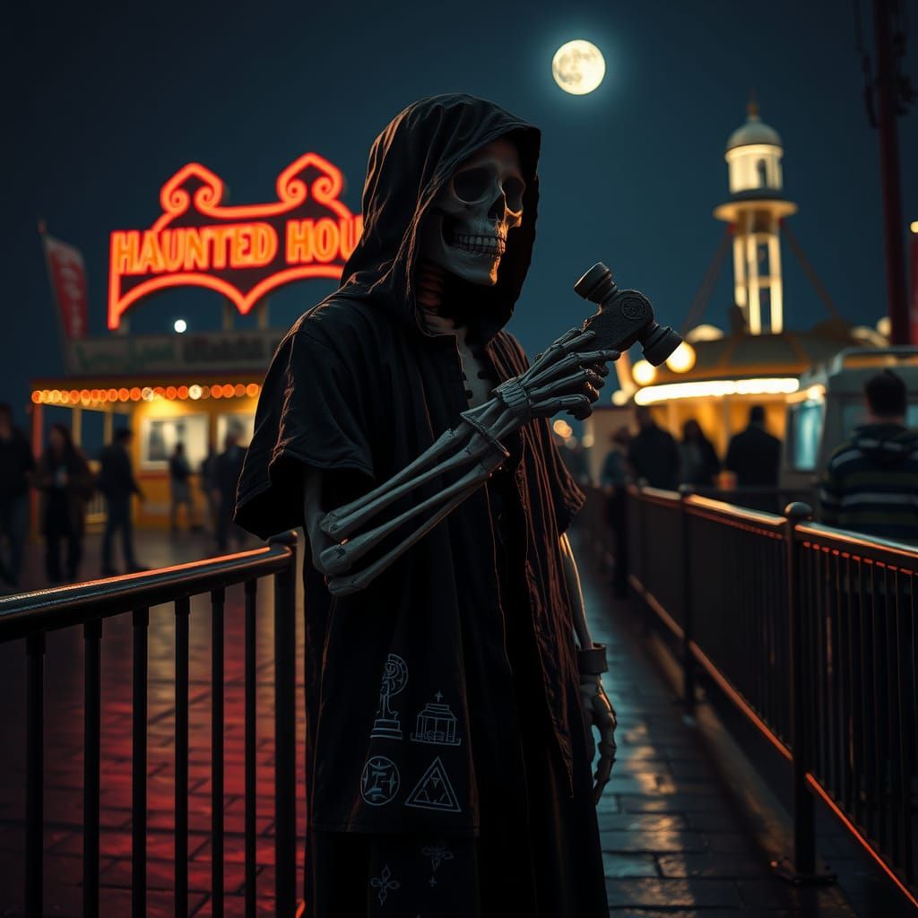 Neon Gothic Skeleton Waits at Haunted House