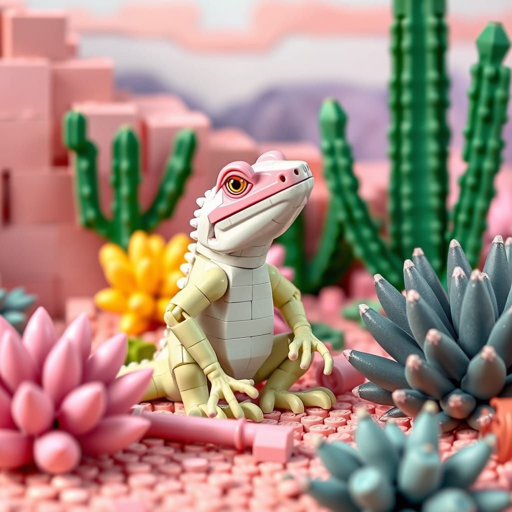 Pastel Lego Iguana in Mexican Desert Landscape