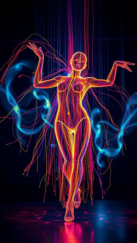 Neon String Art Sculpture of human danceform