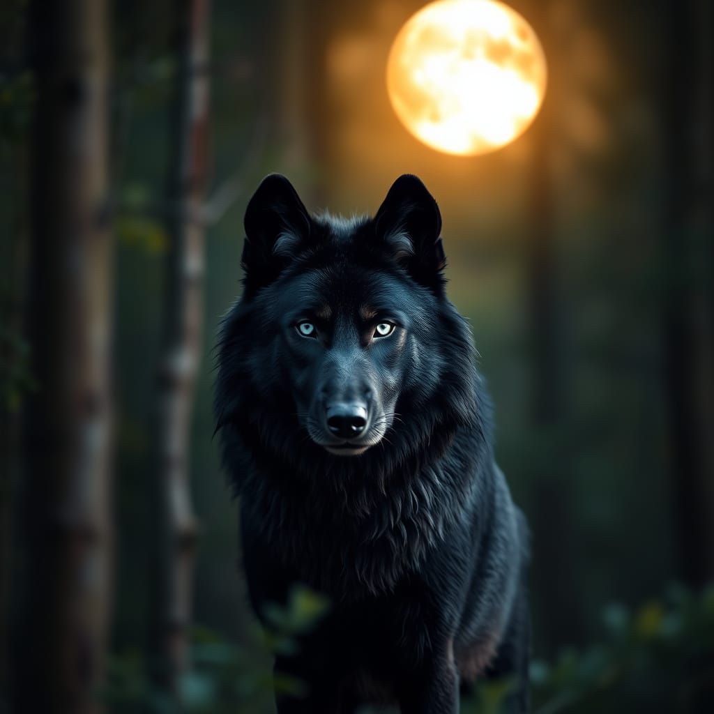 Majestic Midnight Wolf in Moonlit Forest