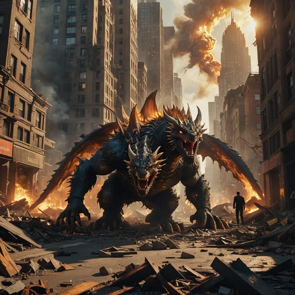 Monster Walks Ravaged City in Hyper-Realistic Digital Art