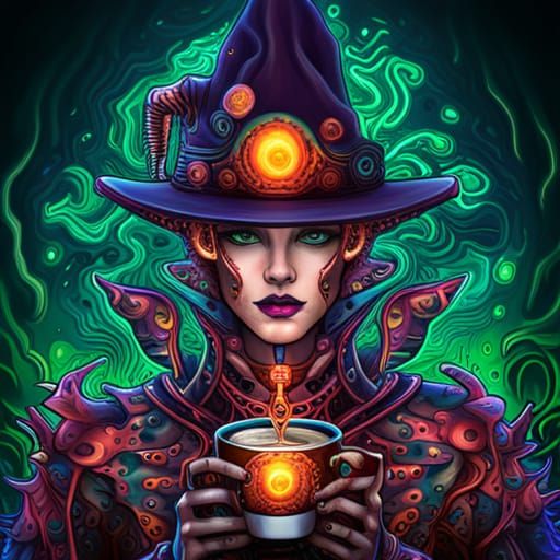 Leopard Wizard Drinks Cyberpunk Coffee: Digital Illustration