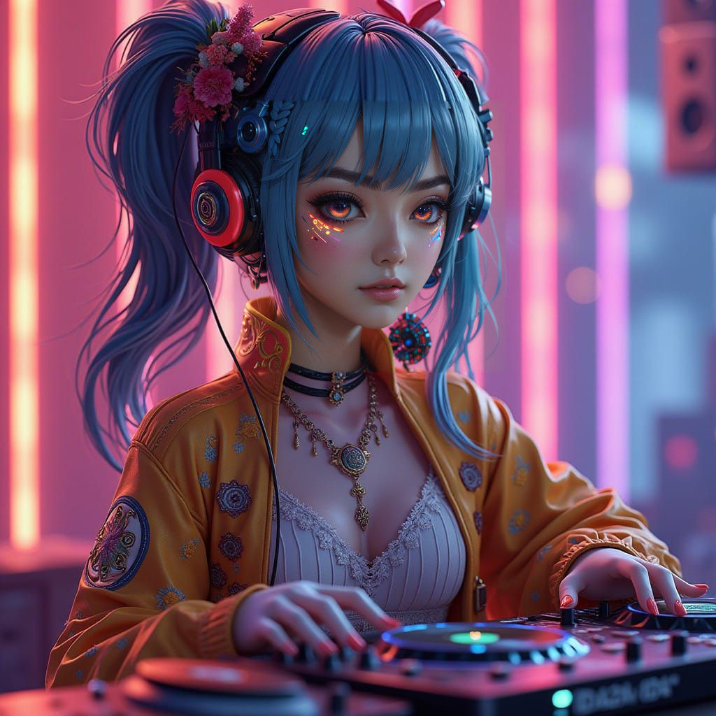 Glowing DJ Goddess in Neon Vibrance