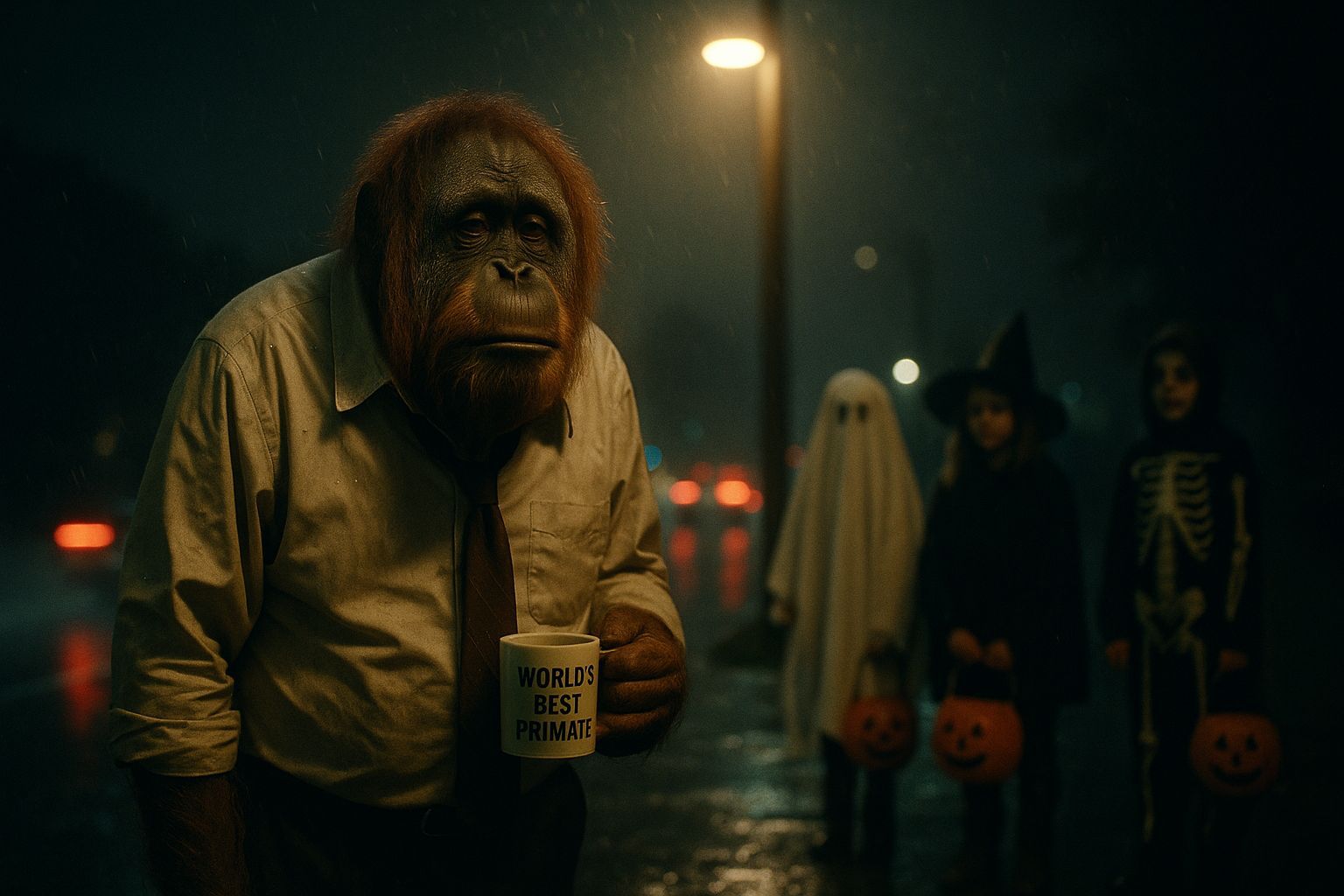 Tired Orangutan Office Worker in Halloween Rain