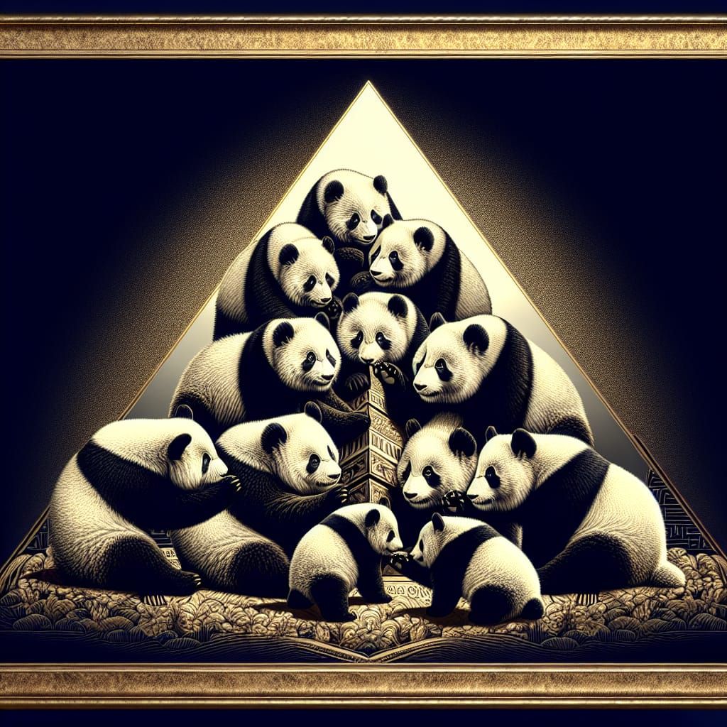 Pandas Form Pyramid in Dark Velvet Painting Style