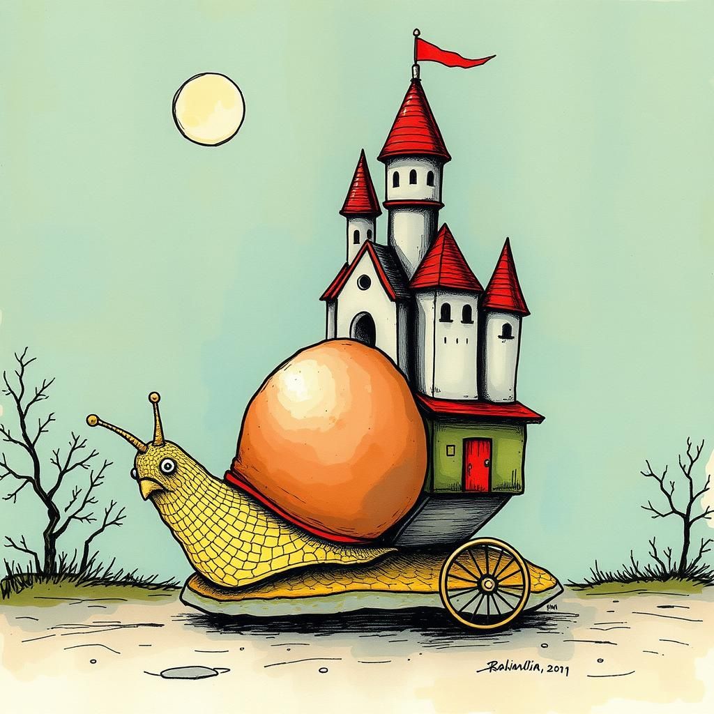 Snail with Castle: Pop Surrealism in Ink