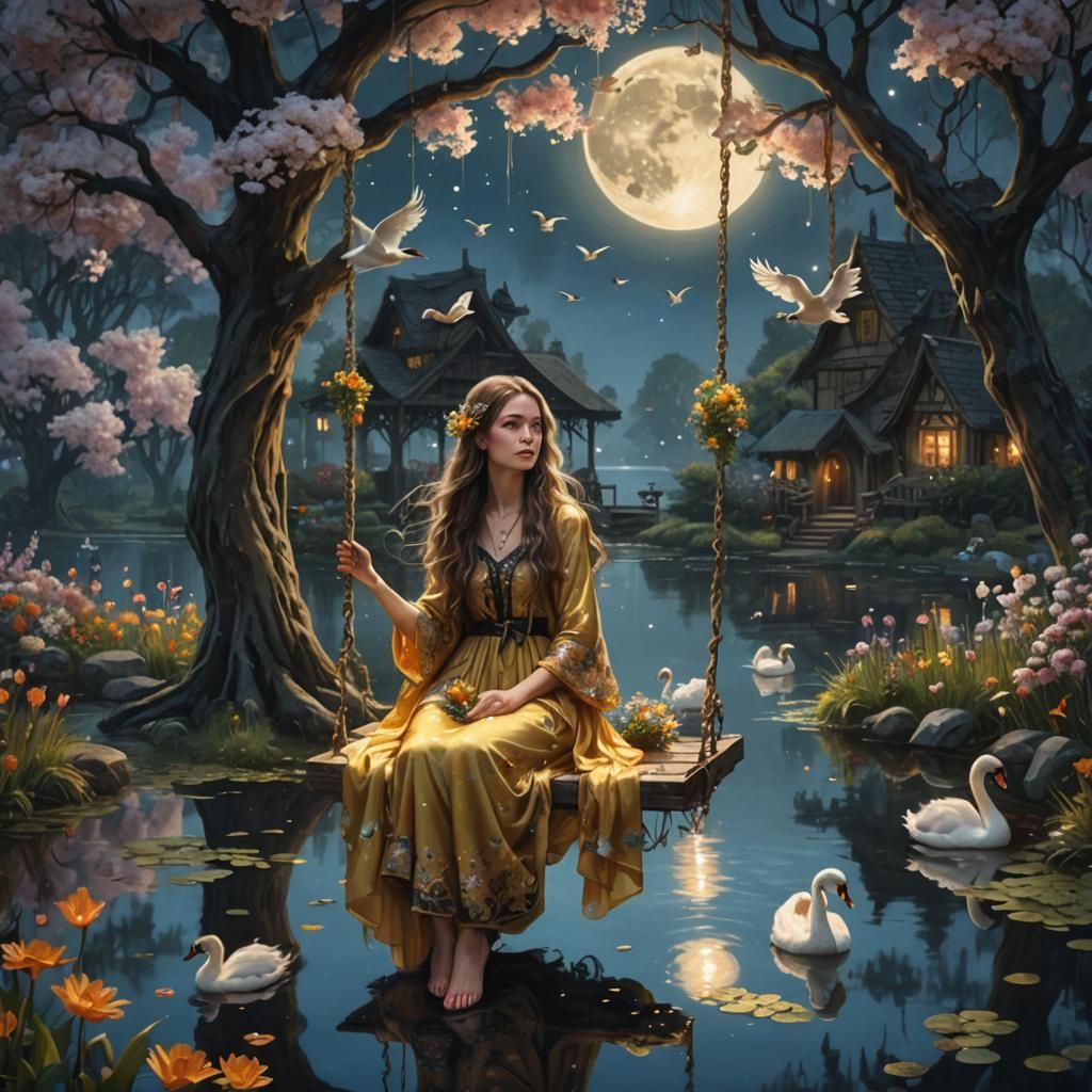 Woman on Swing with Swans, Hyperrealistic Splash Art