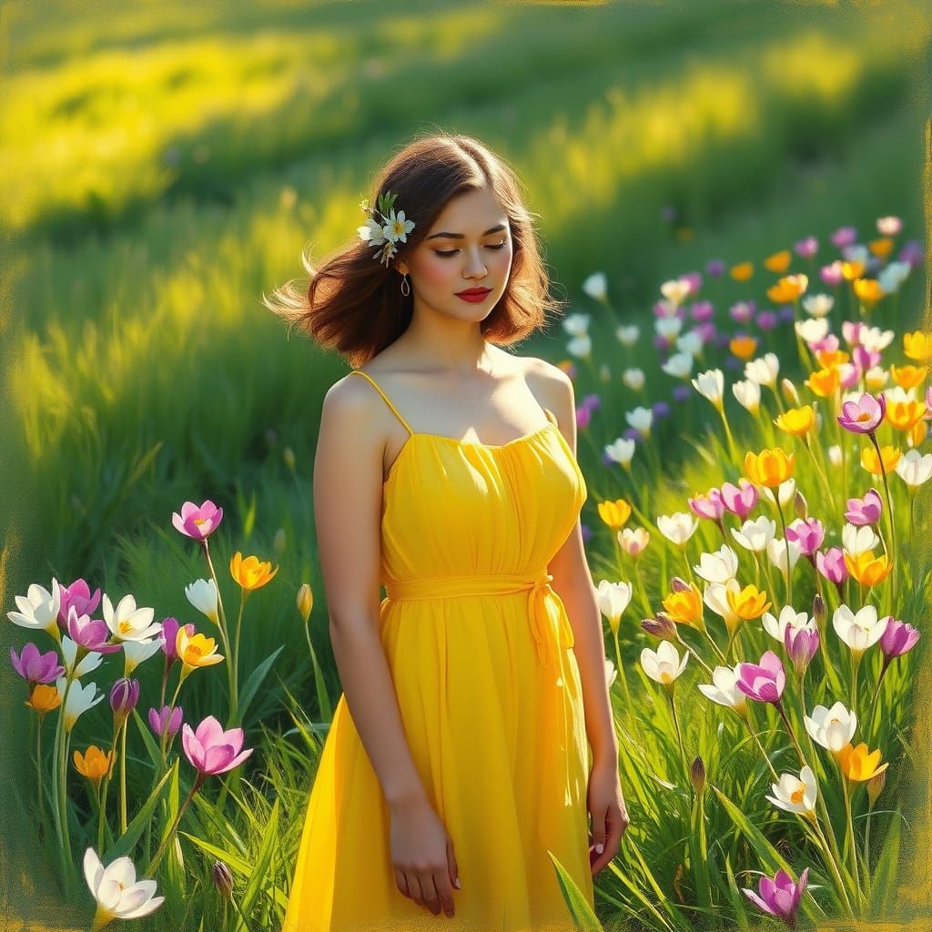 Serene Woman Surrounded by Vibrant Crocuses in Impressionist...