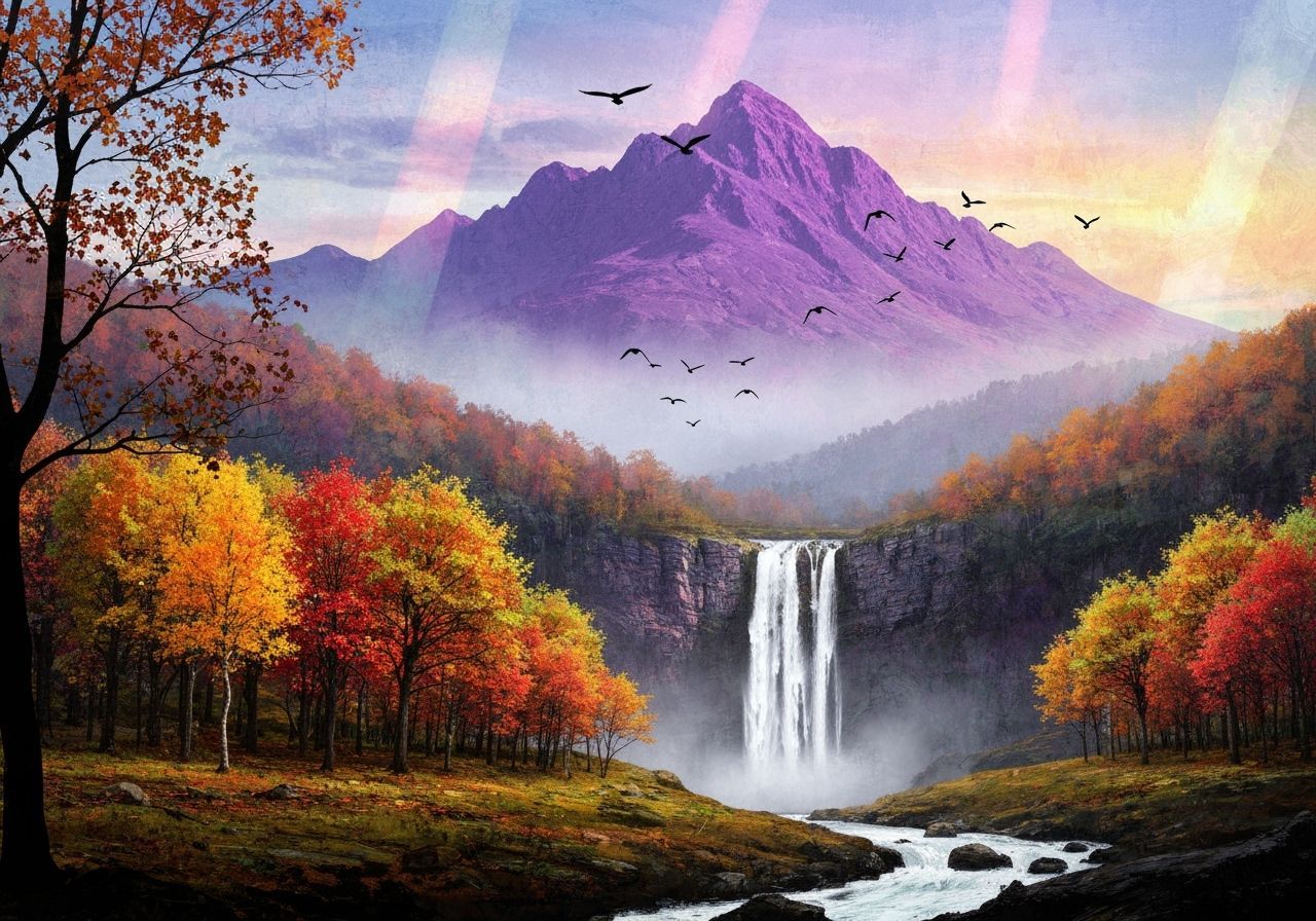 Fantasy Autumn Landscape with Purple Mountains