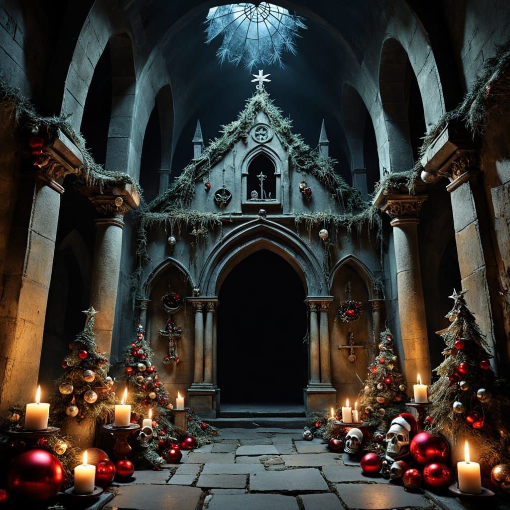 Gothic Christmas Scene in Ancient Crypt as Surreal Art