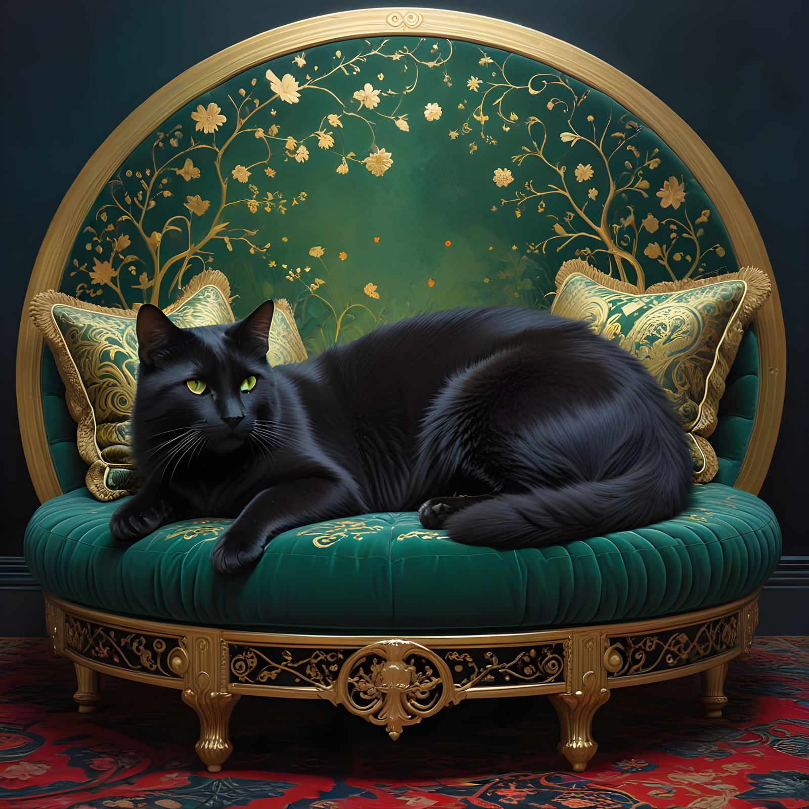 Luxurious Black Cat on Velvet Couch