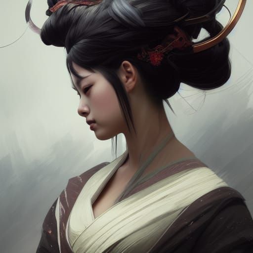 Geisha Warrior in Snowstorm: Digital Art Portrait