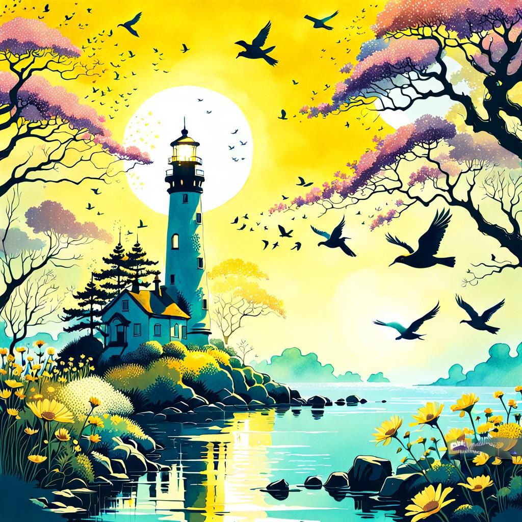 Fantasy Lighthouse Double Exposure in Candy Art Style