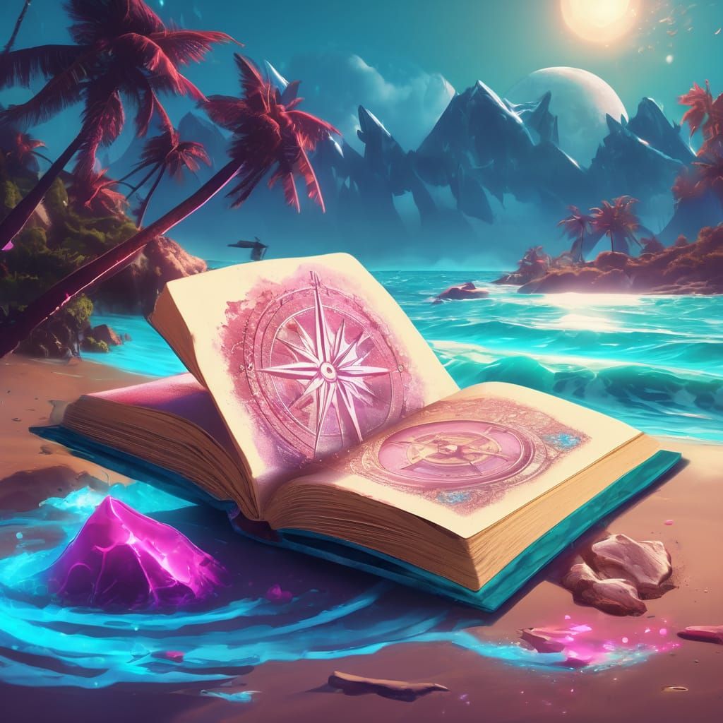Surreal Beach Fantasy Book Cover with Glowing Compass