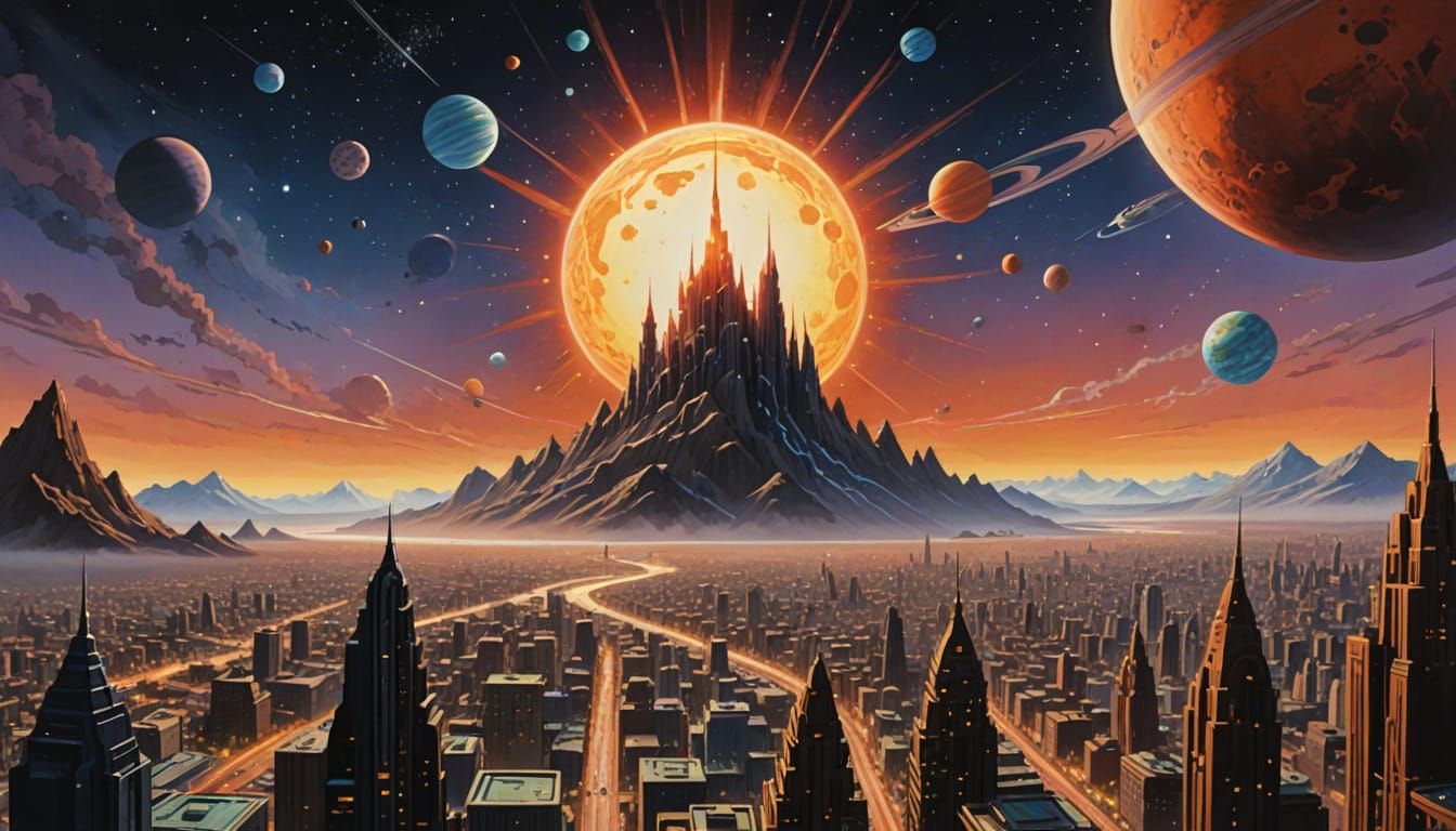 Cosmic City Painting with Sinister Planets