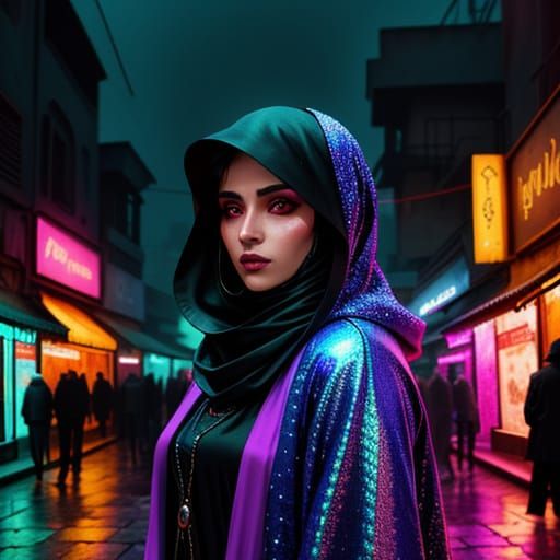 Neon Souk Woman in Ottoman Miniature Style