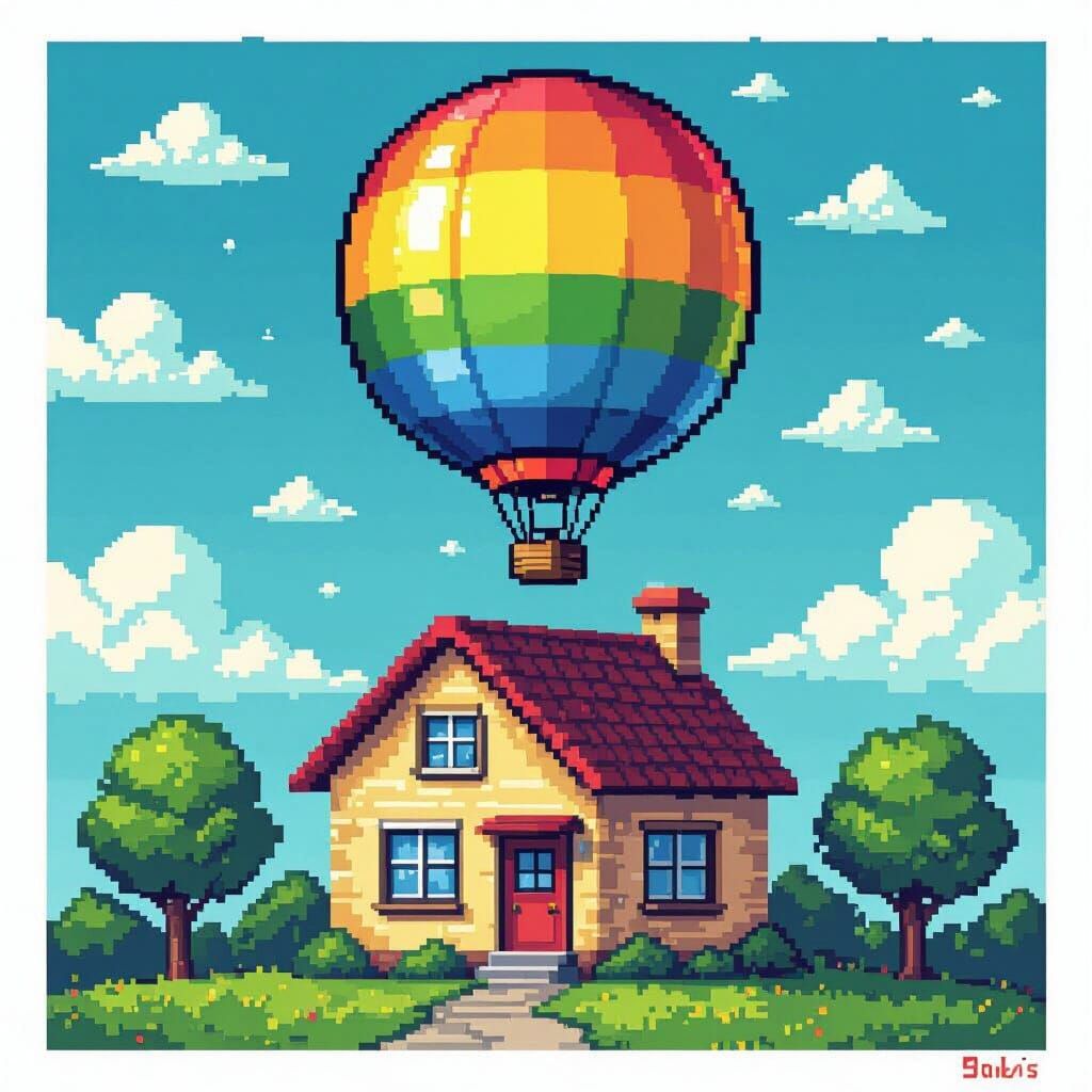 Colorful Balloon Above House in Pixel Art Style