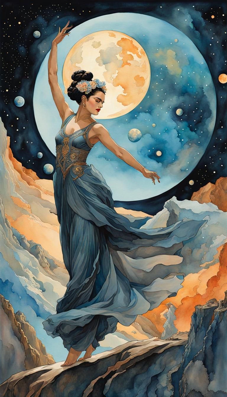 Celestial Dance: Watercolor Fantasy in Dark Noir