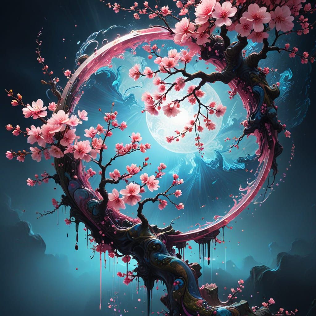 Cherry Blossom Yin Yang Fractal Art with Waterfalls