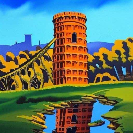 Leaning Tower of Cheese in Gouache Style