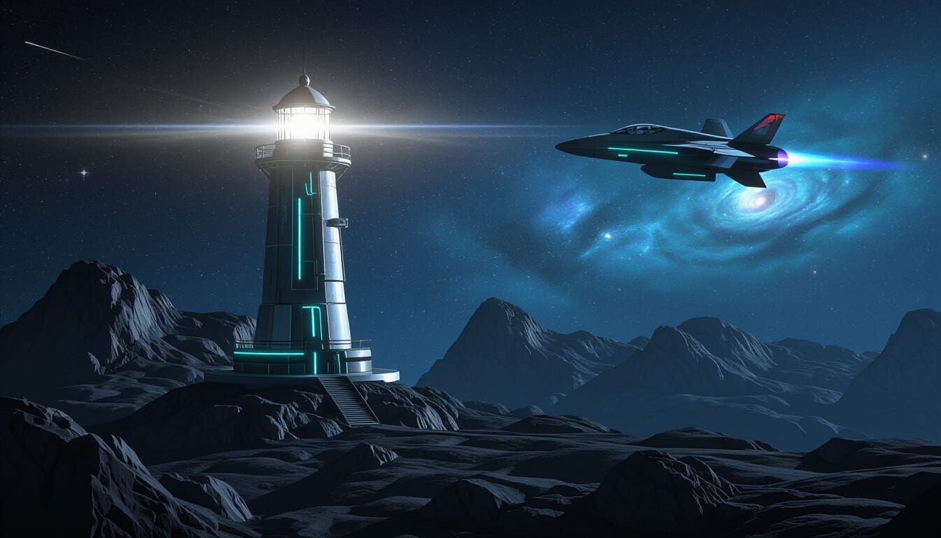 Cybernetic Lighthouse on Asteroid in Deep Space