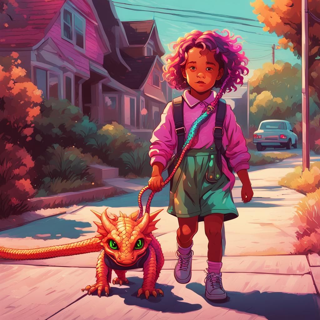 Braided Girl Walks Two-Headed Dragon in Synthwave Style