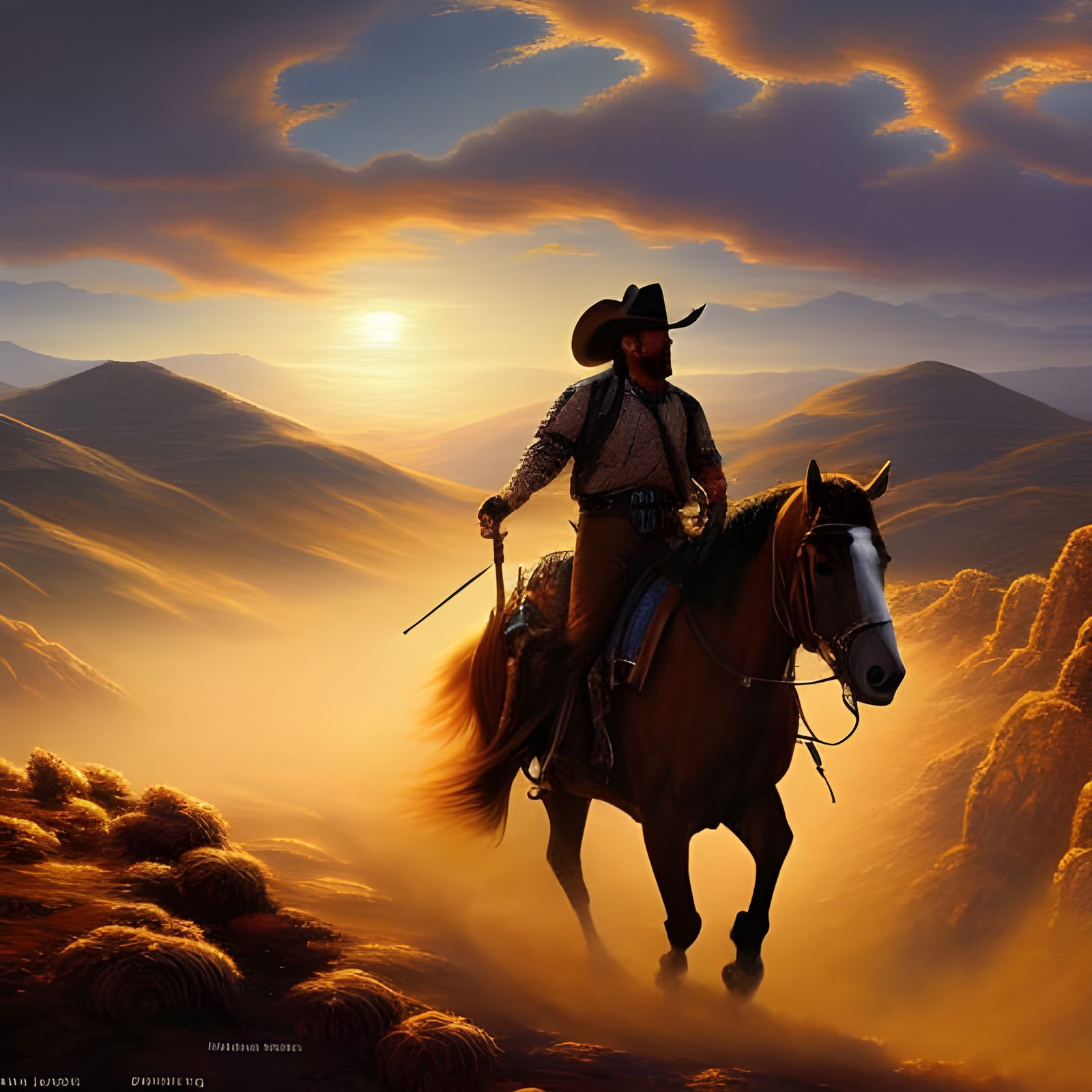 Cowboy on Galloping Horse at Sunset: Expressionist Oil Paint...