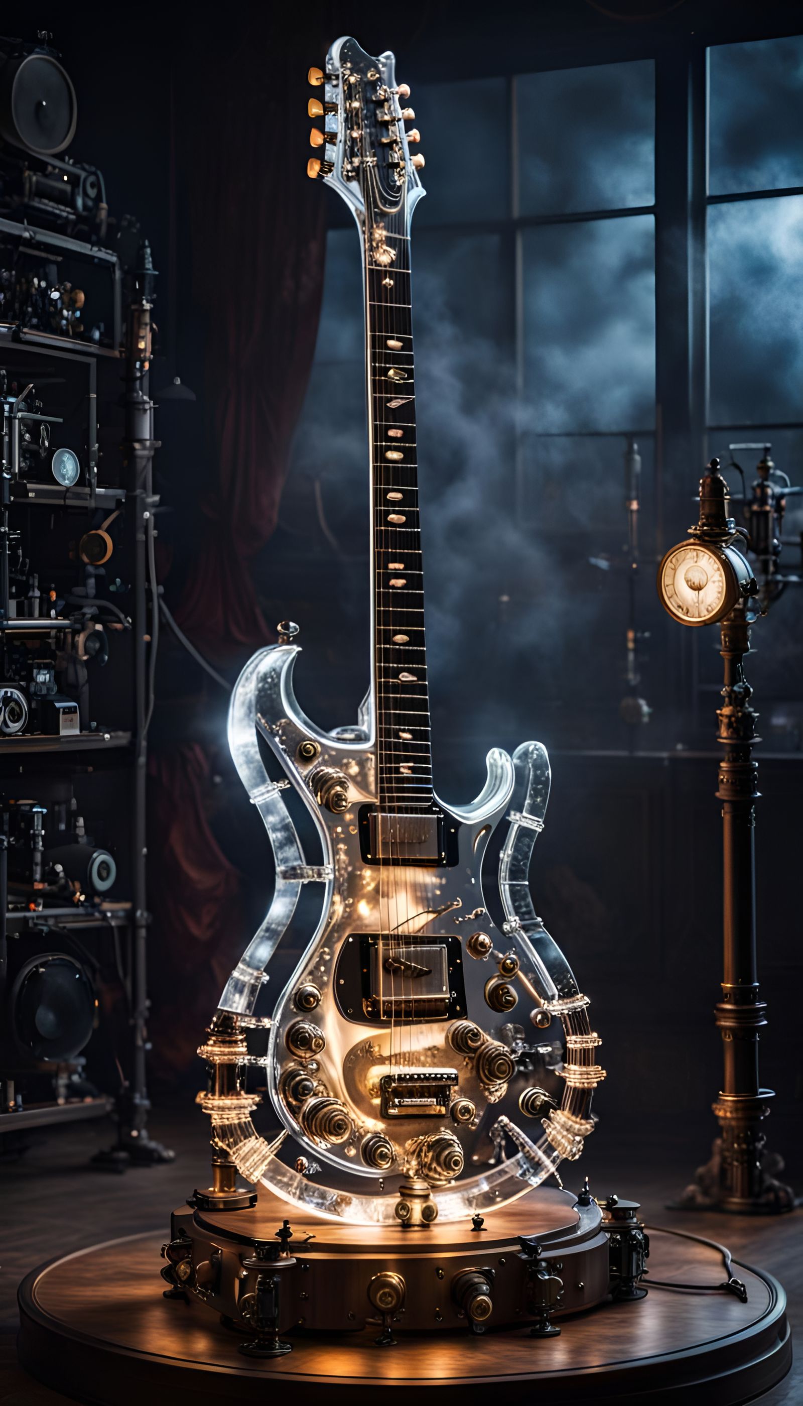 Ice Electric Guitar Steampunk Sculpture at Night