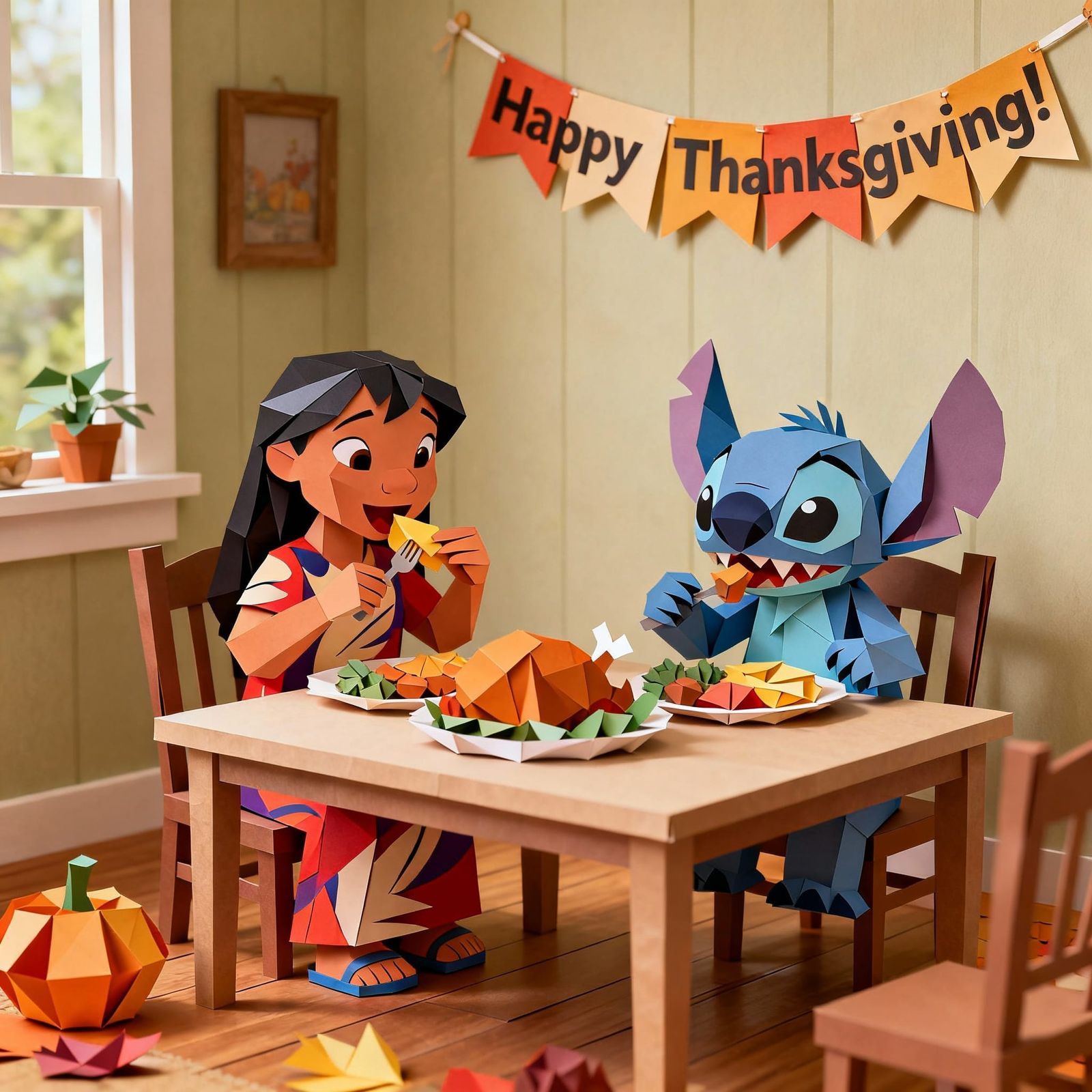 Lilo and Stitch Enjoy Thanksgiving Dinner in Cut Paper Style
