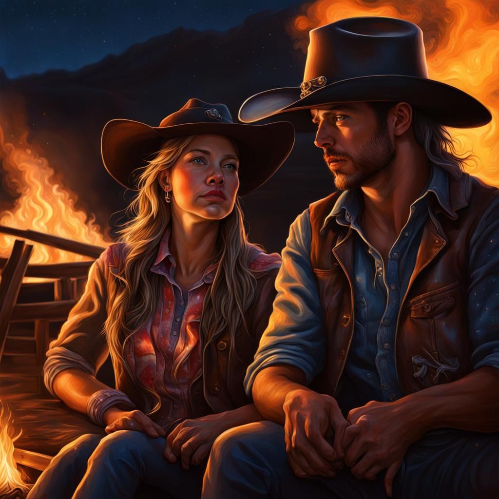 Cowboy and Cowgirl Stargazing: Hyperrealistic Splash Art