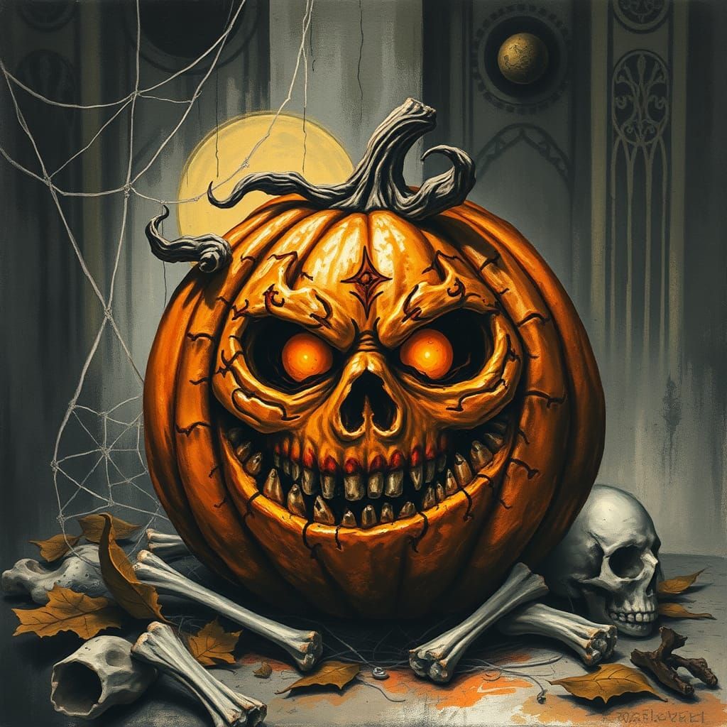 Eldritch Pumpkin Carving in Impasto Watercolor Style