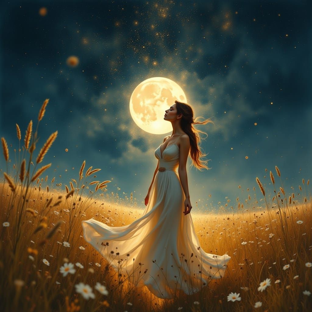 Woman Whispering to Stars in Dreamlike Nocturnal Scene