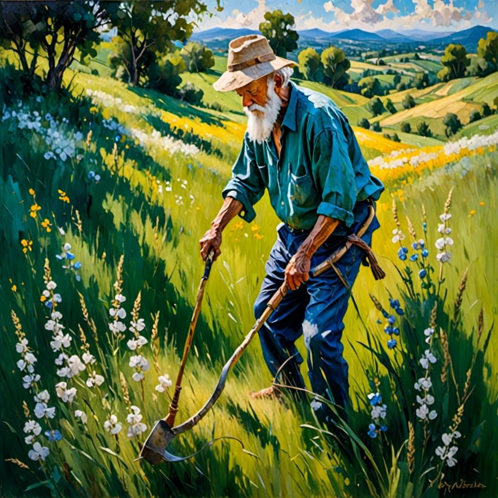 Idyllic Impressionist Scythe Scene in Summer Sunlight