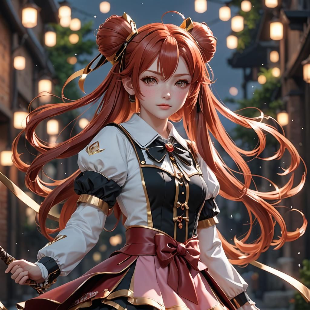 Redhead Magical Girl in Anime Style