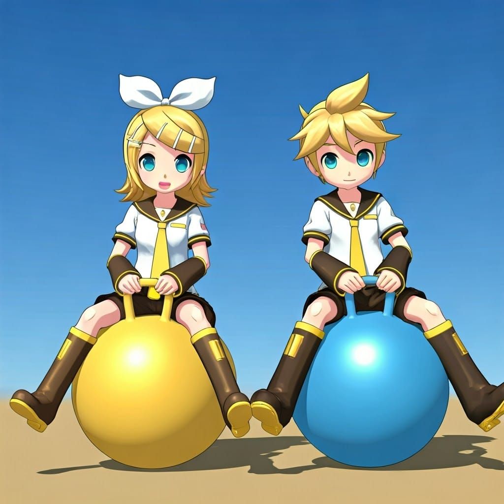 Vocaloid Twins Playfully Bounce on Hopper Balls