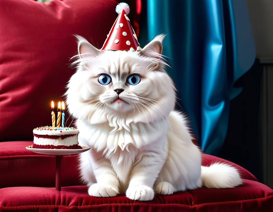 White Ragdoll cat wearing a birthday hat