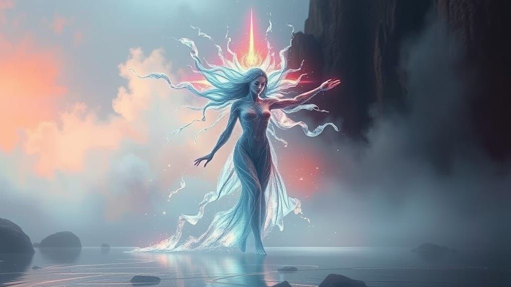 Ethereal Figure Transformation in a Dreamlike Landscape