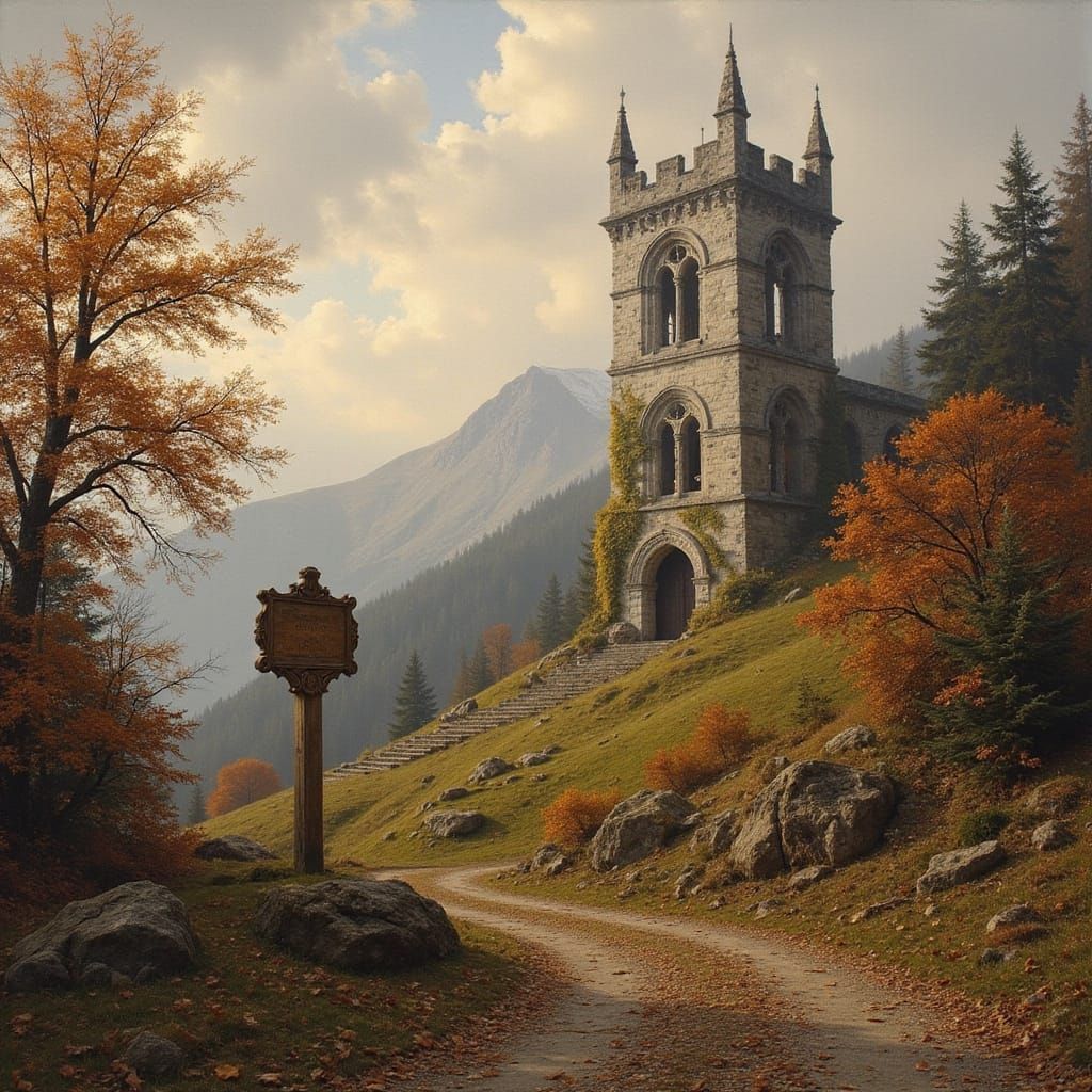 Medieval Gothic Tower Amidst Autumn Forest