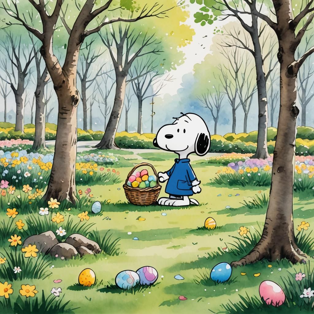 Snoopy Easter Beagle Hiding Eggs, Minimalist Watercolor Anim...