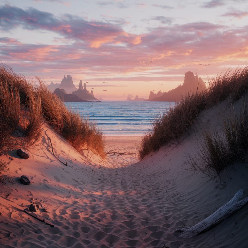 Sunset Path to Beach with Fantasy Landscape