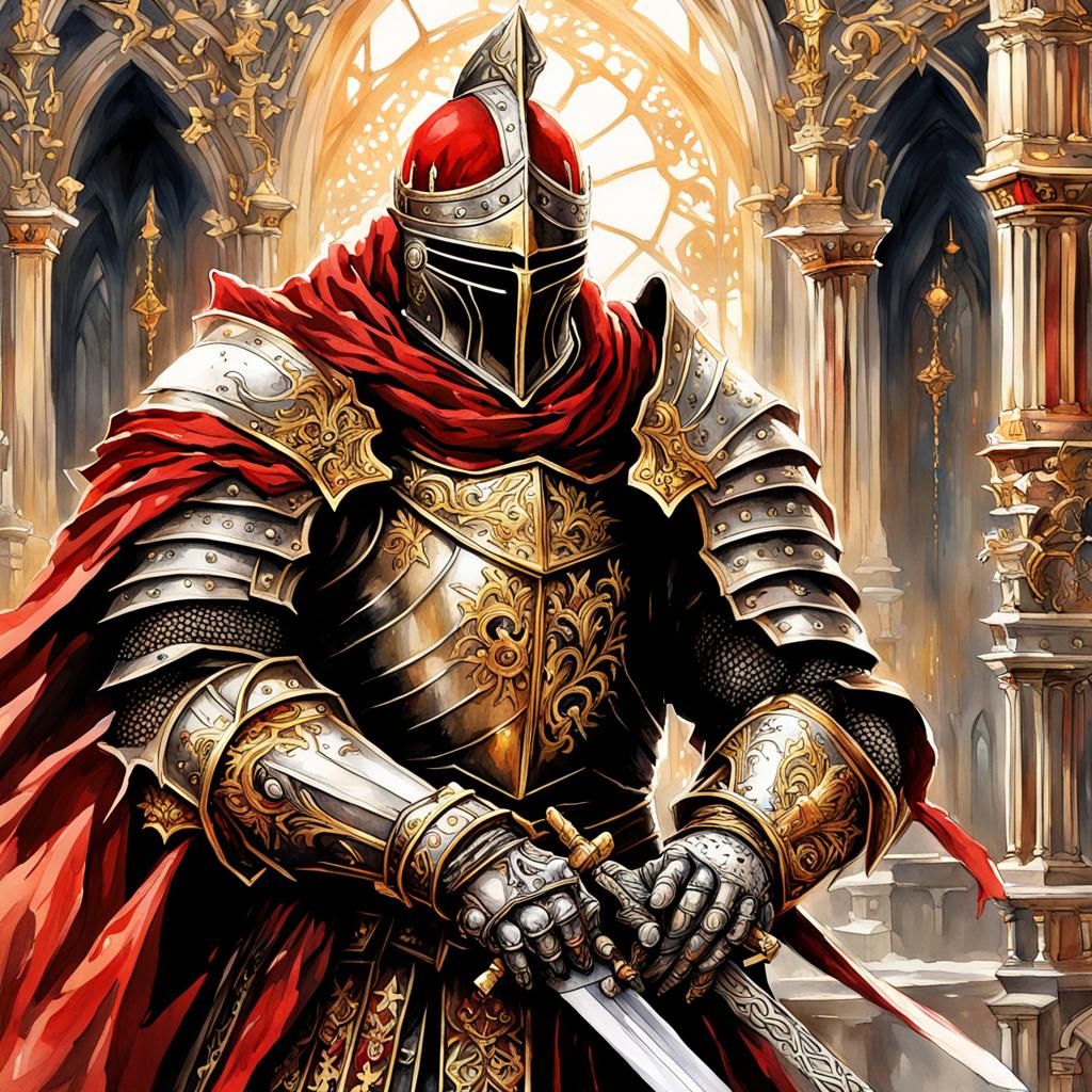 Gothic Knight with Longsword in Crimson Cloak